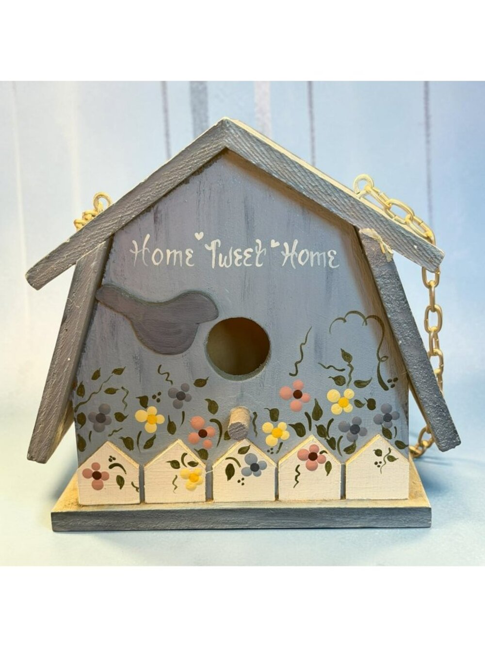Hand-Painted "Home Tweet Home" Wooden Birdhouse Floral Design Hanging Chain